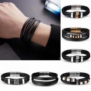 Unisex Women Men Braided Leather Steel Magnetic Clasp Bracelet Handmade